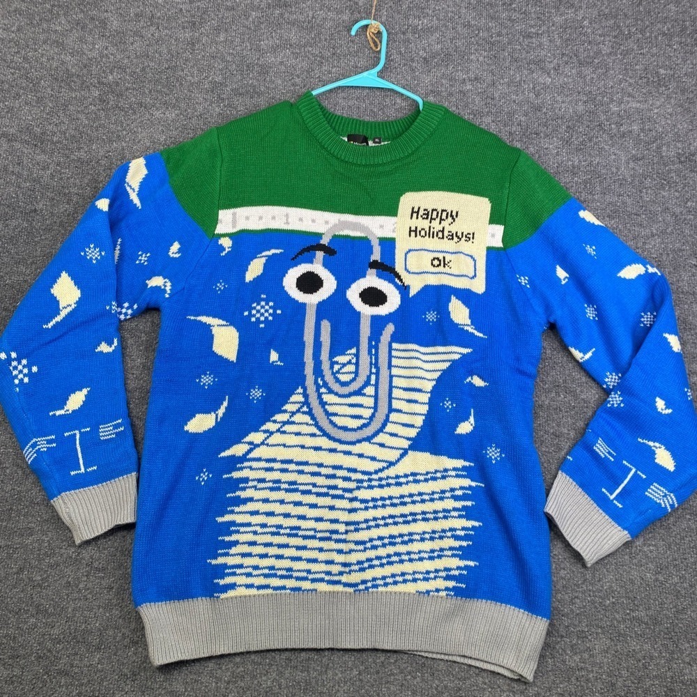 Microsoft Clippy Ugly Christmas Sweater Mens XL Blue Green Happy Holidays 2022